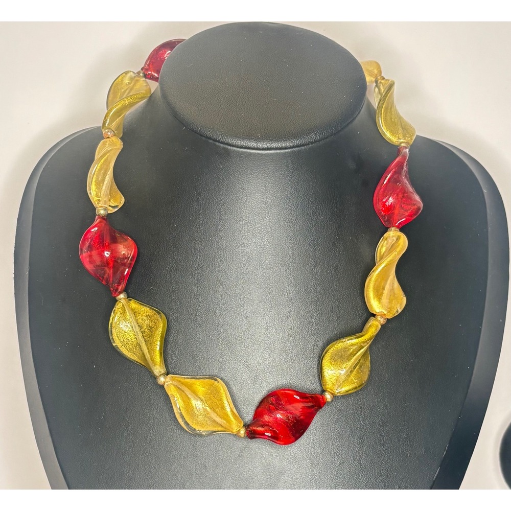 Vintage 24" Art Glass Necklace Red Gold Twisted Leaf Bead Toggle Clasp Statement